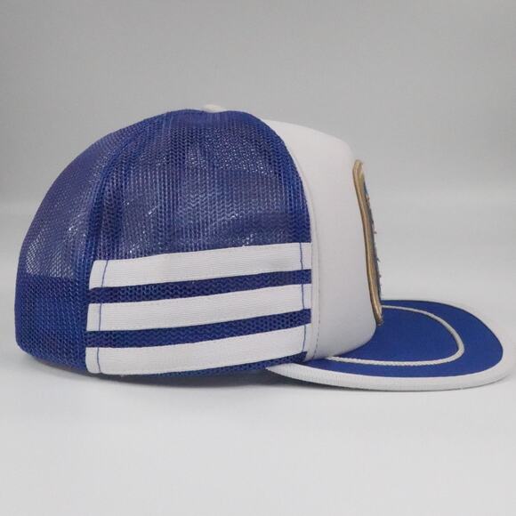 Vintage Three Stripe Hat Cap Snapback Blue Trucker Lowenbrau Beer Patch Logo - Picture 3 of 9